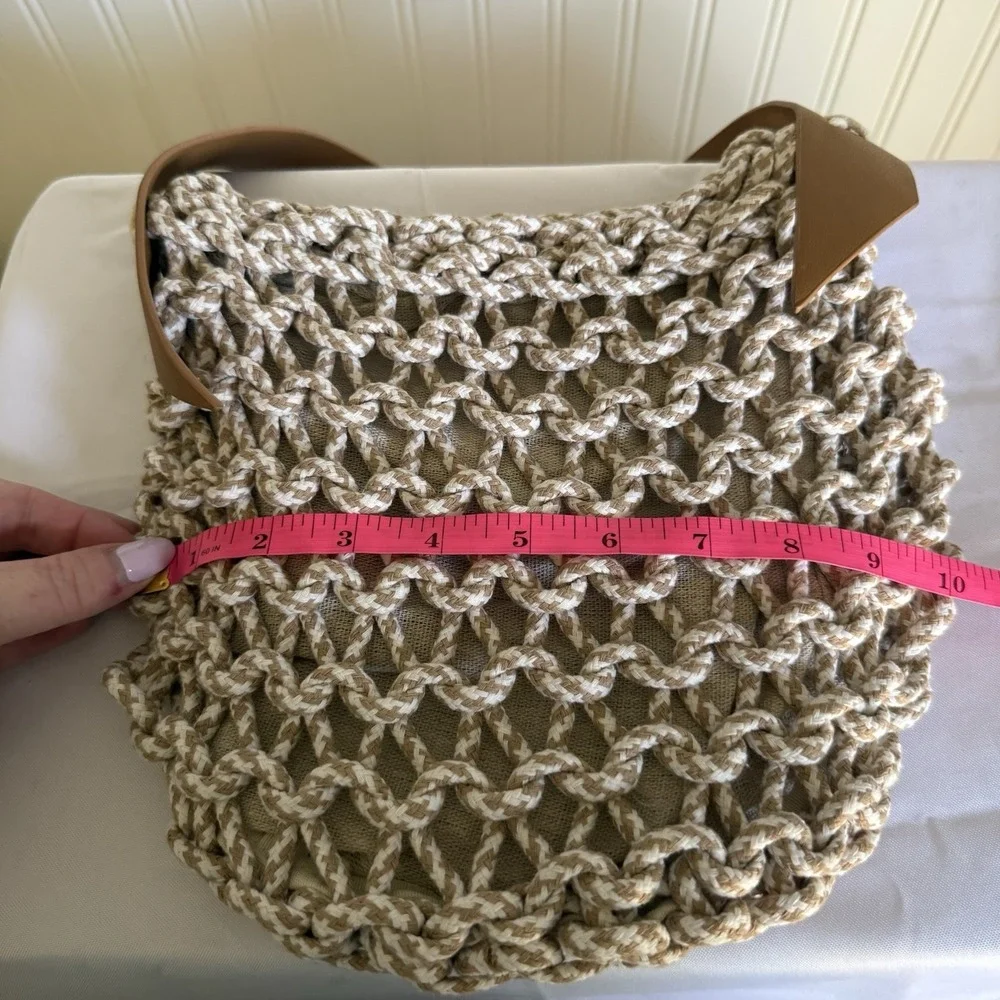 Motf Macrame Fabric Faux Leather Shoulder Hobo Bag Purse Cream Brown Handbag